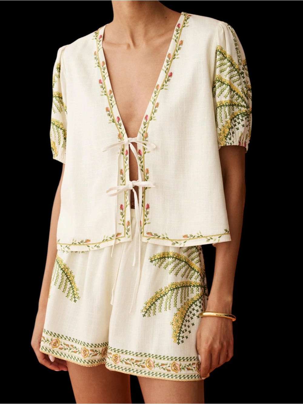 Anaya Few Moda Linen Marcela Set Cream Embroidery Print Tie-Front Set NWT